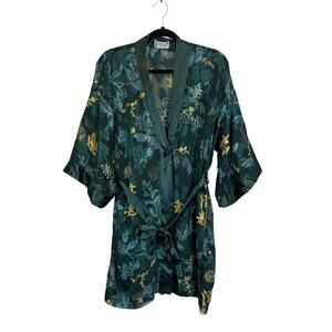 Vintage California Dynasty Robe Nightgown M Green Floral Belted Kimono Lingerie
